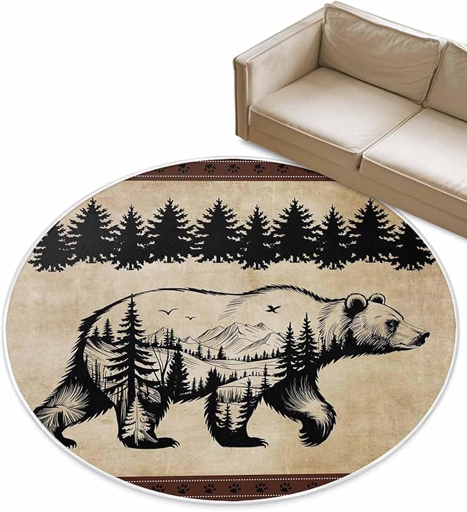 Round Area Rug,Bear Forest Mountains Animal Silhouette Circle Living Room Rug Non-Slip Rugs Indoor Carpet,Vintage Brown Gradient Soft Comfort Rugs for Bedroom KidsRoom Nursery