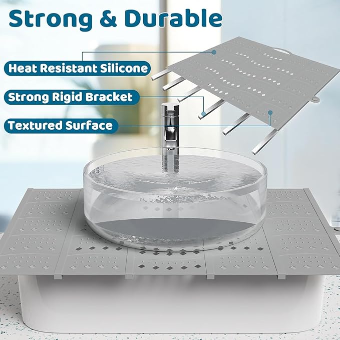 Bathroom Sink Cover for Counter Space, Foldable Silicone Makeup Mat for Hair Styling and Hot Tools, Steel Frame Core Sink Organizer for RV Camper and Small Vanity, DIY Cut to Fit, Grey