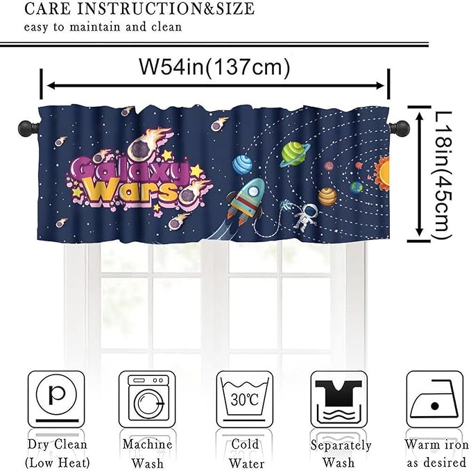 Cartoon Space Valance, Fun Galaxy War Planet Rocket Kids Boys Window Treatment for Kitchen Dining Bedroom Nursery, 54x18Inch