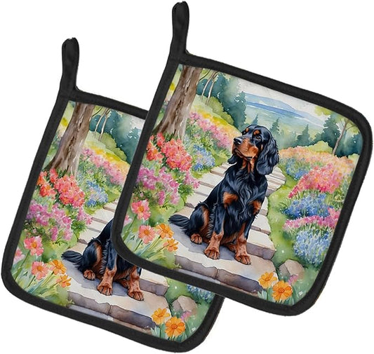 Caroline's Treasures Gordon Setter Spring Path Pair of Pot Holders Kitchen Heat Resistant Pot Holders Sets Oven Hot Pads for Cooking Baking BBQ, 7 1/2 x 7 1/2