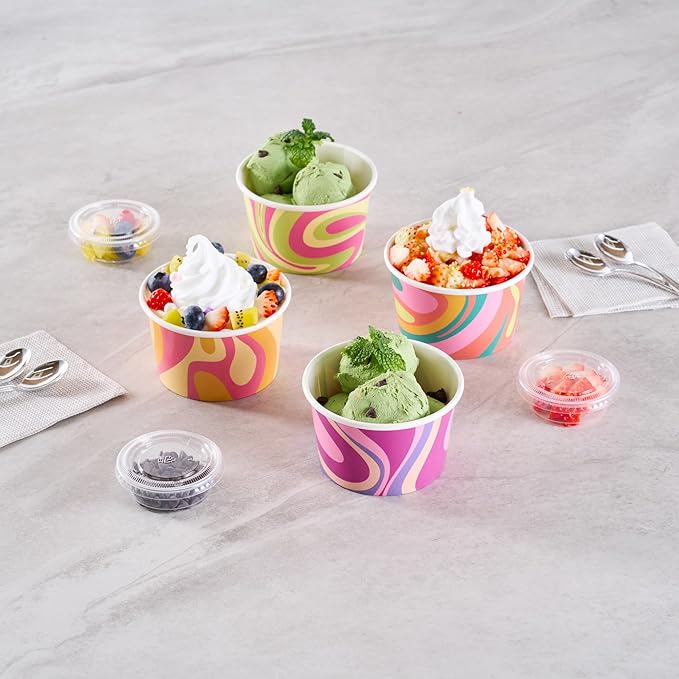 Restaurantware Paper Cups 200 Count 8 Ounce Square Disposable Ice Cream Containers, Leak-Resistant Paper Dessert To Go Cups, Hot And Cold Food, Durable Assorted Groove Swirl Design