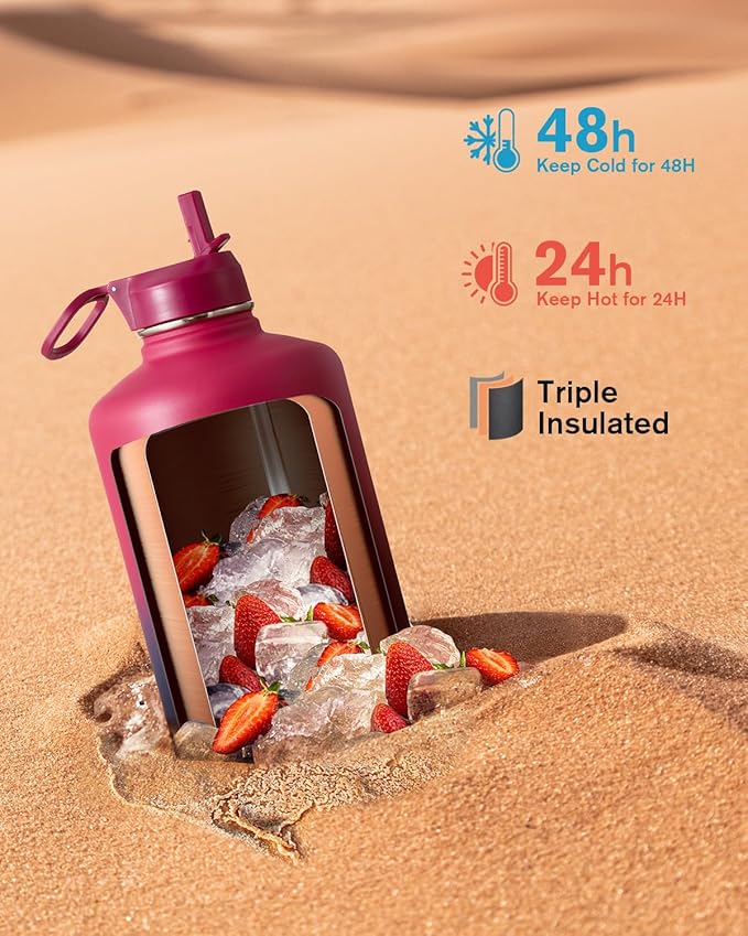 Coolflask 128 oz Gallon Water Bottle Insulated with Straw&3 Lids, Water Jug Large Stainless Steel Metal Vacuum Wide Mouth for Sports, Gym or Office, Non-BPA Keep Cold 48H Hot 24H, Ombre Wine/Navy