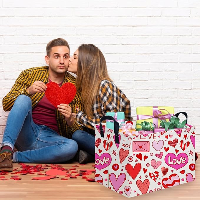 Rectangular Valentines Basket,baby Gift Basket Empty,Pink Gift baskets with Handle Organizer,Heart Print easter Baskets,Girl Room Decor(Grid love)