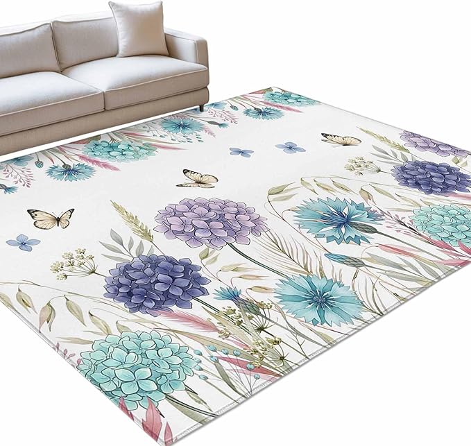 Area Rug 3x5ft, Spring Flower Thistle Hydrangea Washable Rugs for Living Room Bedroom, Wild Garden Floral Butterfly Soft Non-Slip Area Rugs Rectangle Floor Carpet for Dining Room