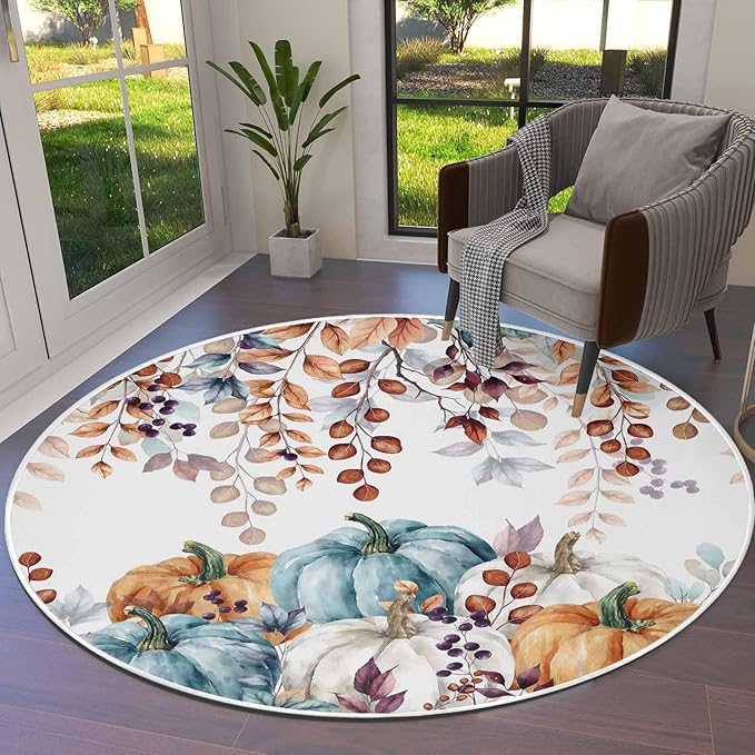 Round Area Rug,Fall Thanksgiving Pumpkin Orange Eucalyptus Leaf Circle Living Room Rug Non-Slip Rugs Indoor Carpet,Autumn Fallen Leaves Soft Comfort Rugs for Bedroom KidsRoom Nursery