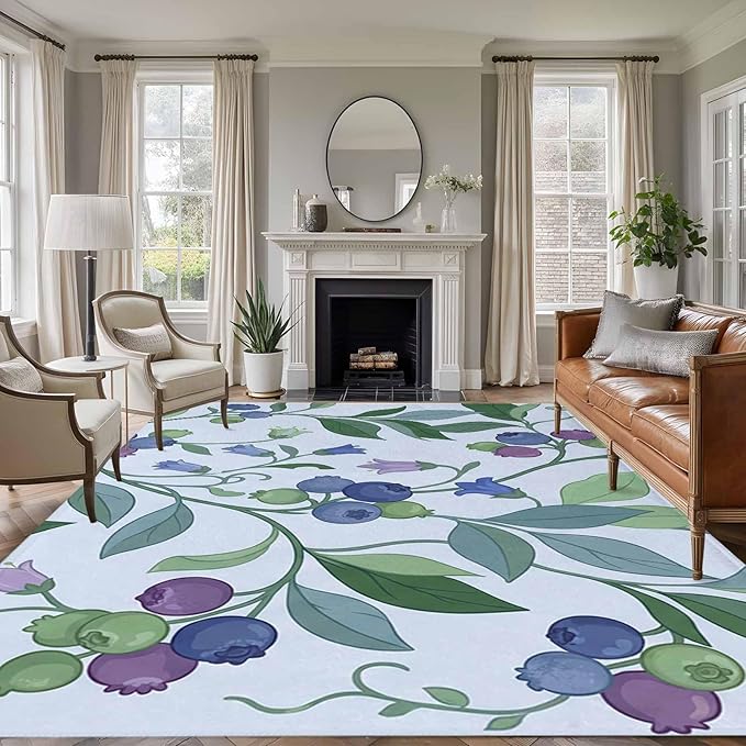 Area Rug 9x12ft, Blueberries Bell Flowers Washable Rugs for Living Room Bedroom Rectangle Floor Carpet, Modern Watercolor Plants Soft Non-Slip Area Rugs for Dining Room