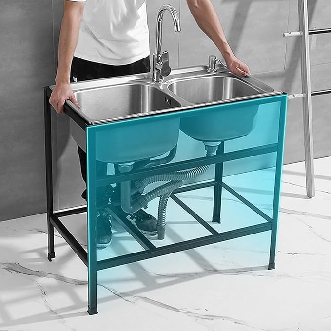 Double Bowl Stainless Steel Sink,FreeStanding Stainless Steel Outdoor Laundry Tub,with Black Storage Shelves, for Garage, Restaurant, Kitchen