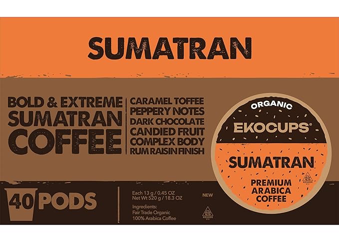 EKOCUPS Organic Sumatra Coffee Pods, Extra 30% More Coffee Per Cup, Fair Trade Dark Roast, Sumatran Reserve Blend for Keurig K Cup Machines, Recyclable Pods, 40 Count
