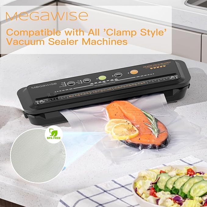 MEGAWISE Vacuum Sealer Bag Rolls with Labels & Marker, 2 Rolls 8 inch wide × 16.4 Feet Long BPA-Free Embossed Vacuum Rolls for All Vacuum Sealers