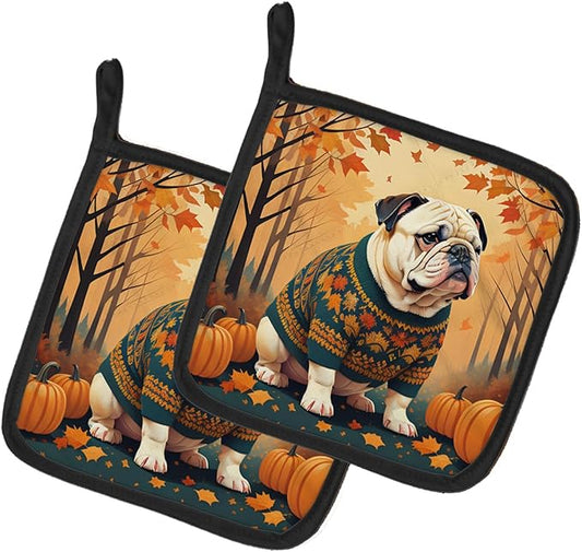 Caroline's Treasures DAC1030PTHD White English Bulldog Fall Pair of Pot Holders Kitchen Heat Resistant Pot Holders Sets Oven Hot Pads for Cooking Baking BBQ, 7 1/2 x 7 1/2