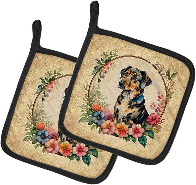 Caroline's Treasures Catahoula Leopard Dog and Flowers Pair of Pot Holders Kitchen Heat Resistant Pot Holders Sets Oven Hot Pads for Cooking Baking BBQ, 7 1/2 x 7 1/2
