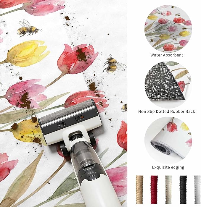 Area Rug 8x10ft, Red Pink Yellow Tulips Bees Washable Rugs for Living Room Bedroom, Watercolor Flower Leaves Soft Non-Slip Area Rugs Rectangle Floor Carpet for Dining Room