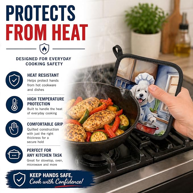 Caroline's Treasures Kuvasz The Chef Pair of Pot Holders Kitchen Heat Resistant Pot Holders Sets Oven Hot Pads for Cooking Baking BBQ, 7 1/2 x 7 1/2