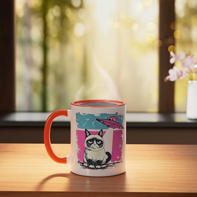 Retro UFO Ragdoll Cat Alien Sci Fi Space Funny Ceramic Mug, Orange/White