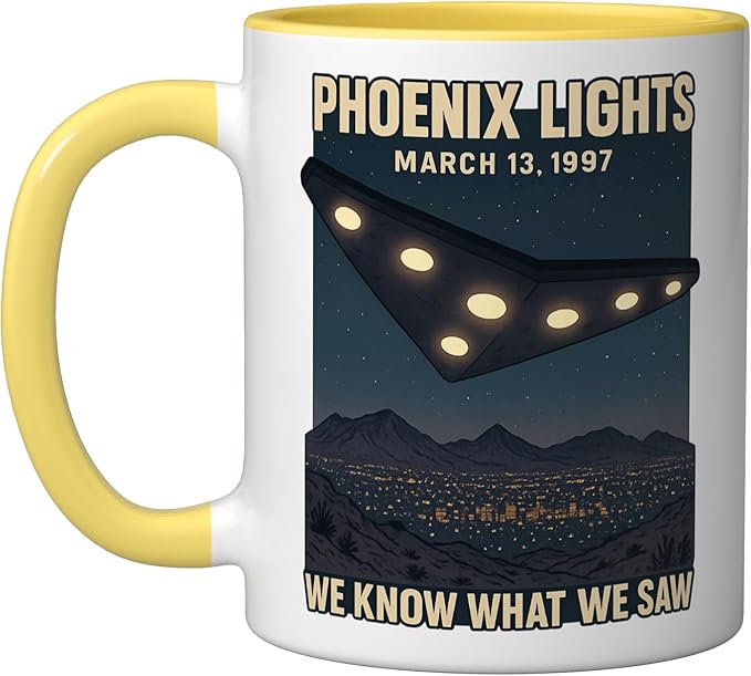 Phoenix Lights UFO V Shaped Flying Saucer Alien Ceramic Mug, Yellow/White