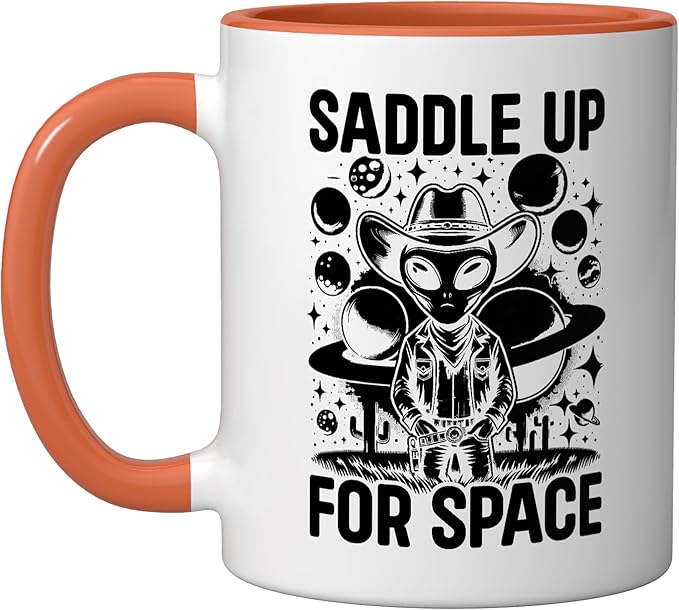 Alien Lover Flying Saucer UFO Extraterrestrial Cowboy Ceramic Mug, Orange/White