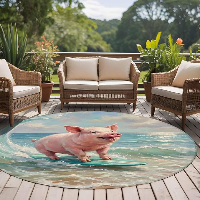 Washable Round Area Rug Surfing Farm Pink Pig Circle Rugs Floor Carpet for Living Room Bedroom, Summer Blue Sea Wave Beach Soft Non Slip Round Rug 5ft