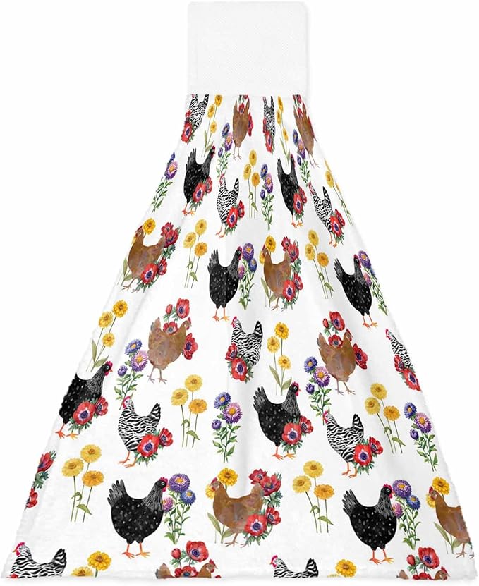 Alandar Home Kitchen Tie Towel Set of 1, Farmhouse Chicken Colorful Poppy Absorbent Soft Hand Towels for Bathroom Hanging Towels, Spring Floral Leaves Fast Drying Cleaning Cloth with Loop