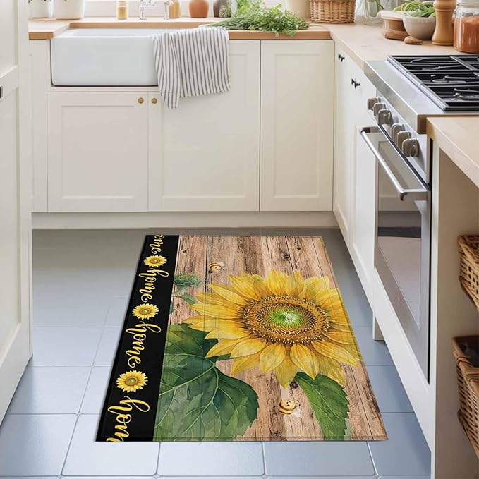 Area Rug 2x3ft, Summer Sunflowers Bees Washable Rugs for Living Room Bedroom, Farmhouse Wood Background Soft Non-Slip Area Rugs Rectangle Floor Carpet for Dining Room
