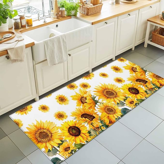 Runner Rug for Bedroom Hallway, Summer Pastoral Sunflower Kitchen Runner Rugs Area Rug 2x6ft, Farmhouse Yellow Flower Washable Soft Floor Carpet for Entryway Stair