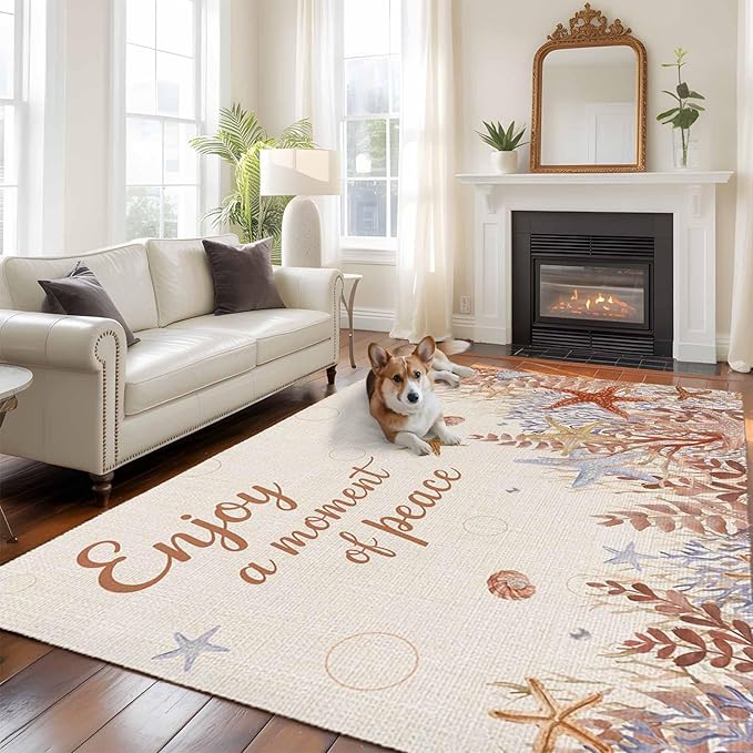 Area Rug 6x9ft, Orange Marine Starfish Coral Seaweed Washable Rugs for Living Room Bedroom, Peace Quote on Linen Soft Non-Slip Area Rugs Rectangle Floor Carpet for Dining Room
