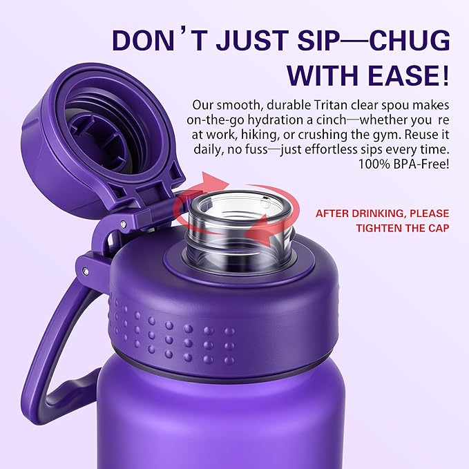 OLDLEY 32oz Frosted Clear Water Bottle, BPA-Free Tritan Plastic Reusable Water Bottle with Fast-Flow Spout Lid, Wide Mouth Leakproof Sports Drinking Bottle for Gym, School, Office, Travel,Purple