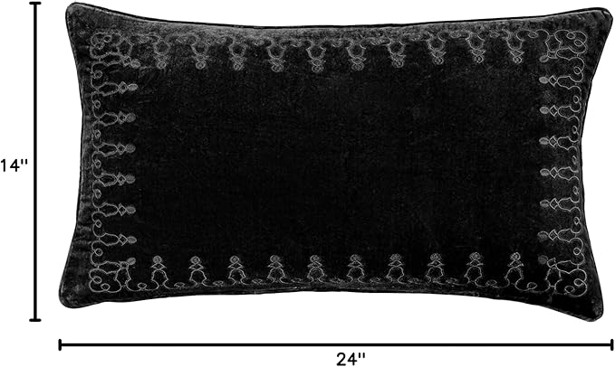 HiEnd Accents Stella Faux Silk Velvet Embroidered Lumbar Pillow, 14x24 inch, Black, Romantic Western Modern Traditional Style Luxury Bedding, Decorative Throw Pillow