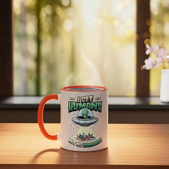 Aliens UFO Extraterrestrial Space Flying Saucer No Humanity Ceramic Mug, Orange/White