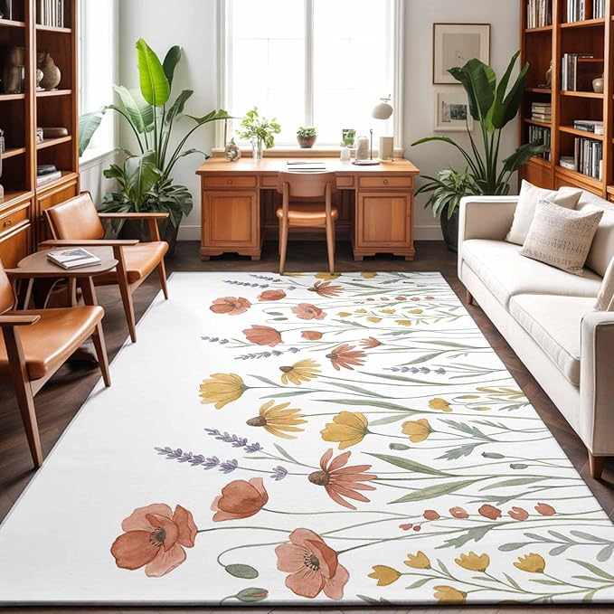 Area Rug 8x10ft, Watercolor Daisies Lavender Washable Rugs for Living Room Bedroom, Country Floral Art Soft Non-Slip Area Rugs Rectangle Floor Carpet for Dining Room