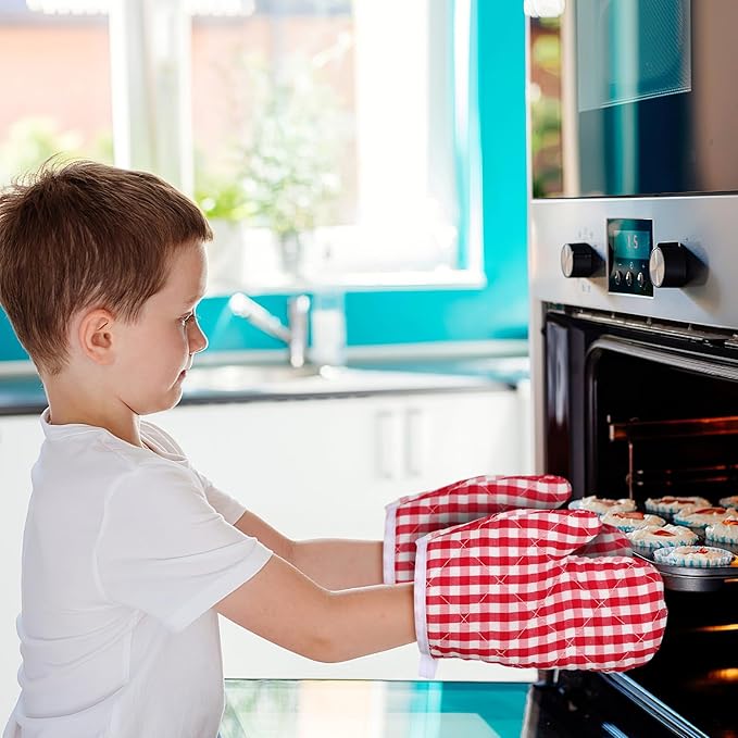 Cabilock 2pcs Kids Oven Mitts Oven Gloves Kitchen Red Checkered Mitts Microwave Gloves for Children Baking Cooking Fireplace Grill BBQ