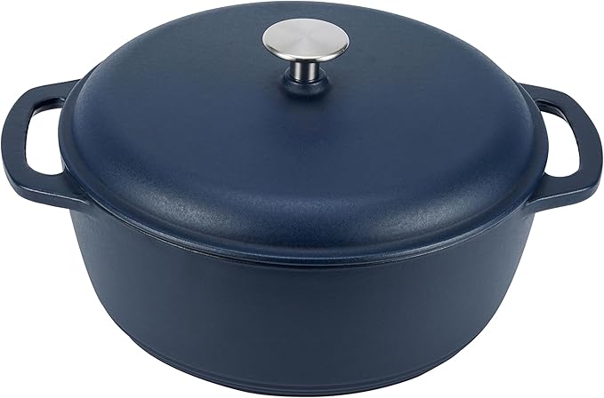 Amazon Basics Enameled Cast Iron Dutch Oven Pot with Lid, Dual Handles, Heavy-Duty, Oven Safe, Round, 6-Quart, Matte Navy