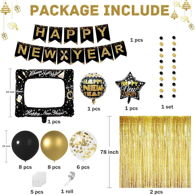 Happy New Year Decorations 2026 - New Year Eve Party Supplies with Glitter Fringe Curtain/ new Years Eve Balloons/ Happy new year Banner Foil Balloons/ 1 Sets Photo Booth Props & Dots Garlands