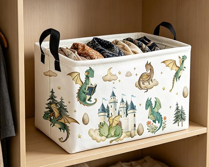 Essme Rectangular Kids Baskets,Dinosaur Storage Box,Cute Basket for Kids with Handles for Room Decor, Book Bins,Shelf Basket.（Castle Dinosaurs