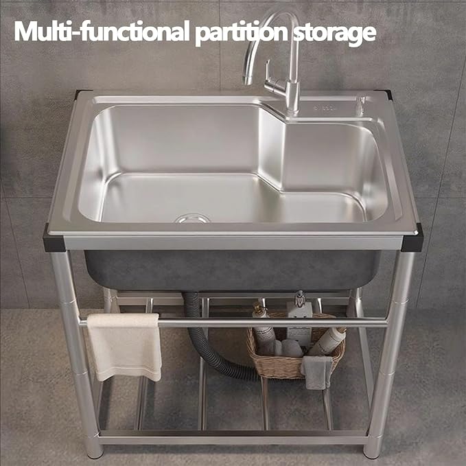 Outdoor Stainless Steel Utility Sink,Standalone Stainless Steel Sink,Small Stainless Steel Utility Kitchen Sink Tub with Storage Shelve and Faucet for Restaurant,Bar,Laundry, Garage, Backyard