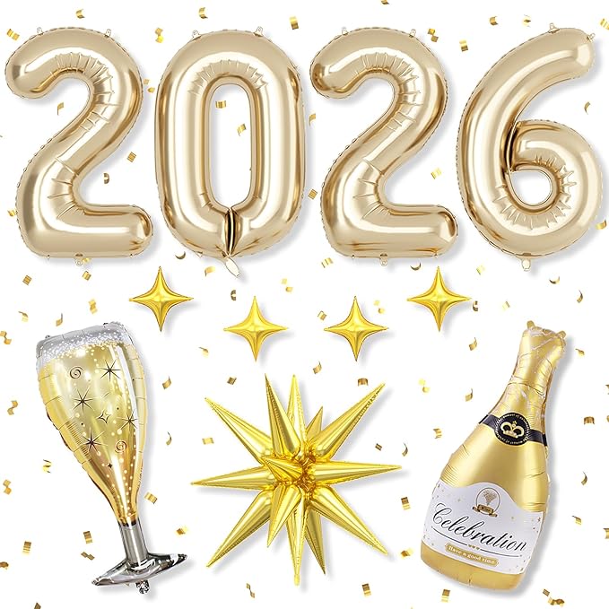 Light Gold 2026 Balloons, 40 Inch Number Champagne Gold Foil Balloons, Gold Star Balloon Champagne Bottle Glass Balloon for Happy New Years Eve Party Supplies 2026 Class of 2026 Graduation Decorations