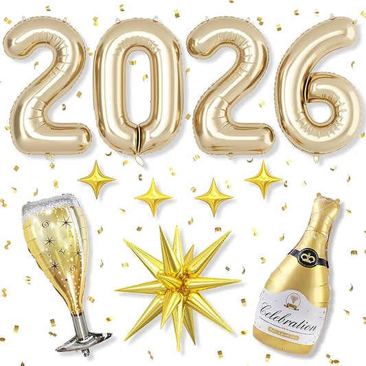 Light Gold 2026 Balloons, 40 Inch Number Champagne Gold Foil Balloons, Gold Star Balloon Champagne Bottle Glass Balloon for Happy New Years Eve Party Supplies 2026 Class of 2026 Graduation Decorations