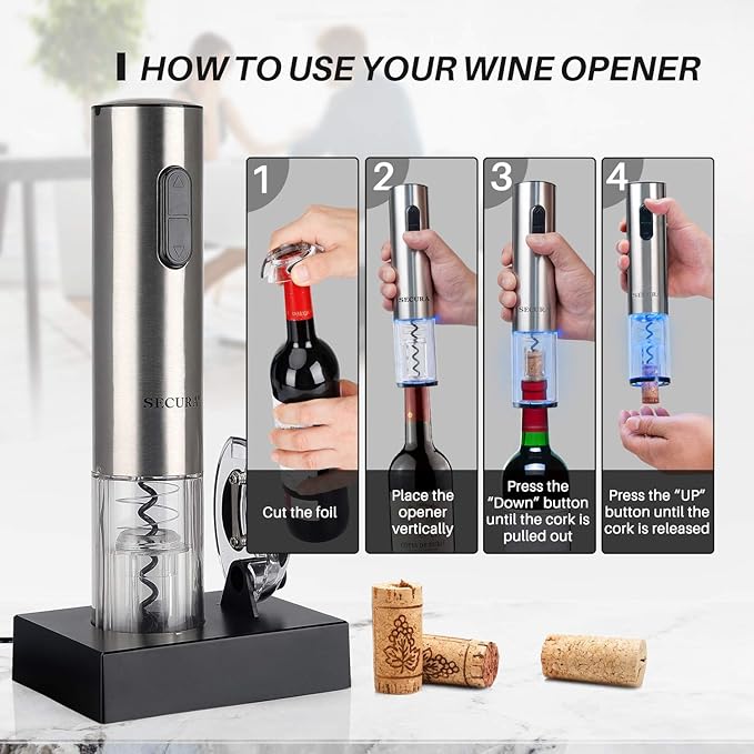 Secura Electric Wine Opener, Automatic Electric Wine Bottle Corkscrew Opener with Foil Cutter, Rechargeable (Stainless Steel)