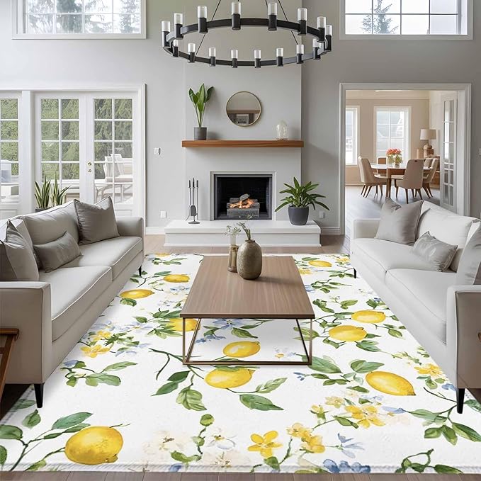 Area Rug 6x9ft, Summer Watercolor Lemon Flower Washable Rugs for Living Room Bedroom, Spring Farm Fruit Green Leaf Soft Non-Slip Area Rugs Rectangle Floor Carpet for Dining Room