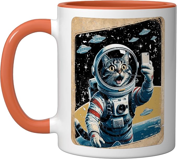 Space Cat Astronaut UFO Funny Sci-fi Alien Selfie Ceramic Mug, Orange/White