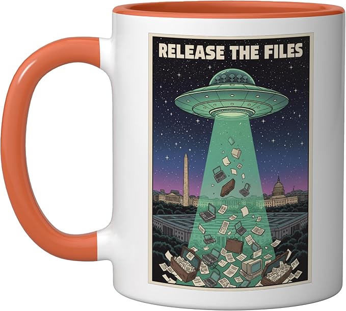Release the Files UFO Disclosure UAP Alien Conspiracy Ceramic Mug, Orange/White