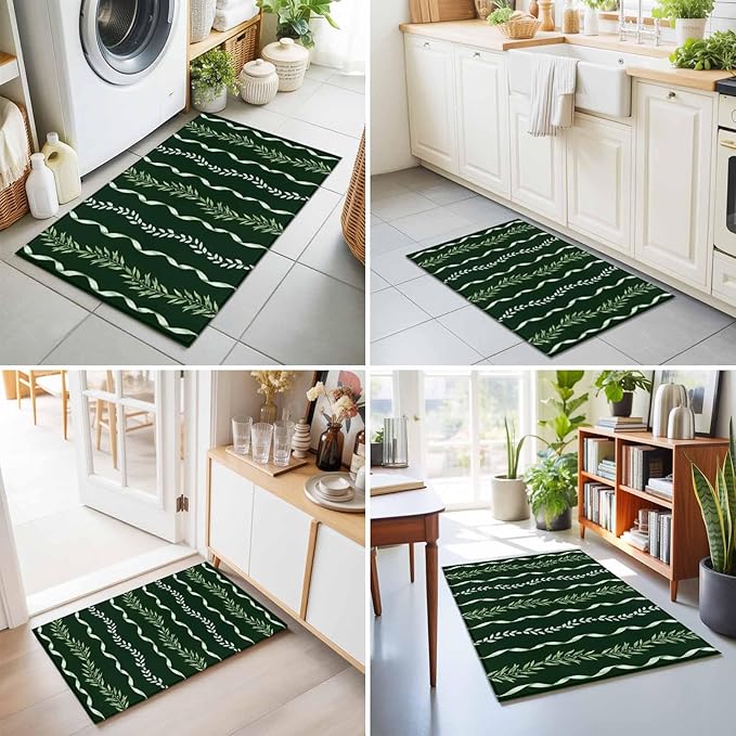 Area Rug 2x3ft, Botanical Leaves Green Ribbons Washable Rugs for Living Room Bedroom, Summer Foliage Plant Soft Non-Slip Area Rugs Rectangle Floor Carpet for Dining Room