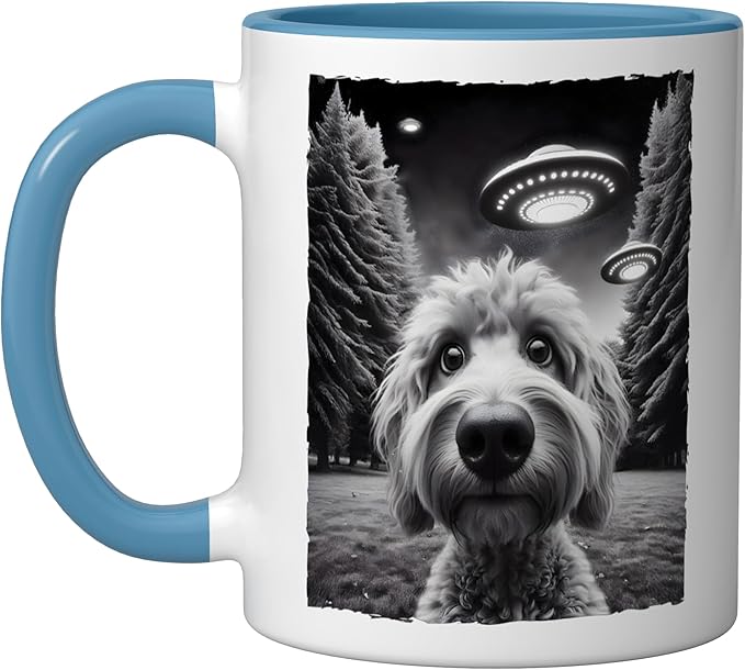 Funny Golden Doodle Selfie UFO Encounters for Dog Lovers Ceramic Mug, Blue/White