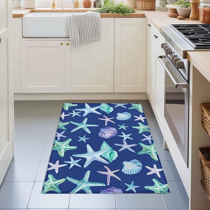 Area Rug 2x3ft, Summer Starfish Shell Conch Washable Rugs for Living Room Bedroom, Marine Creature on Blue Soft Non-Slip Area Rugs Rectangle Floor Carpet for Dining Room