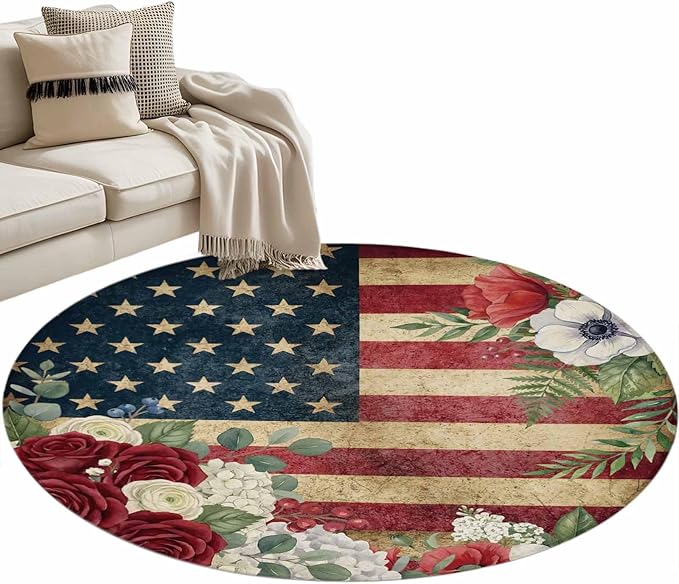 Washable Round Area Rug Independence Day 250th Anniversary Circle Rugs Floor Carpet for Living Room Bedroom, Vintage USA Flag Floral Soft Non Slip Round Rug 3ft