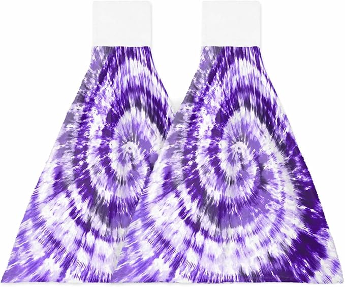 Alandar Home Kitchen Tie Towel Set of 2, Purple White Spiral Tie Dye Art Absorbent Soft Hand Towels for Bathroom Hanging Towels, Ethnic Hippie Pattern Fast Drying Cleaning Cloth with Loop