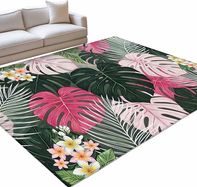 Area Rug 3x5ft, Summer Watercolor Pink Green Leaf Washable Rugs for Living Room Bedroom, Tropical Flower Leaves Plant Soft Non-Slip Area Rugs Rectangle Floor Carpet for Dining Room