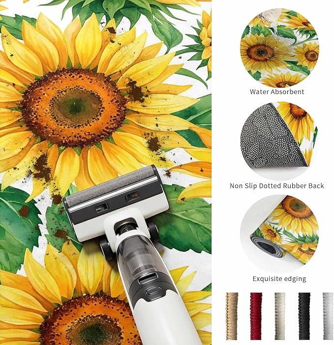 Washable Round Area Rug Summer Garden Sunflower Leaves Circle Rugs Floor Carpet for Living Room Bedroom, Farm Blossom Floral Soft Non Slip Round Rug 5ft