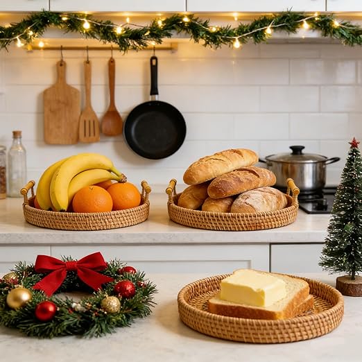 24cm/9.45in Oval Rattan Woven Tray Basket with Handles, Hand Woven Round Rattan Serving Decorative Wicker Trays for Table Decor (M)