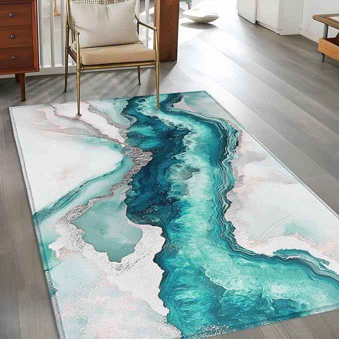 Area Rug 4x6ft, Abstract Blue Marble Texture Washable Rugs for Living Room Bedroom, Modern Luxury Pattern Soft Non-Slip Area Rugs Rectangle Floor Carpet for Dining Room