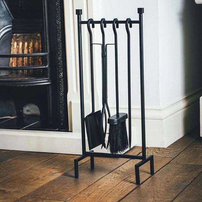 Heavy Duty Fireplace Tools Set Indoor with 31.5inch Holder - 23.6inch Extra Long Brush, Poker, Shovel & Hook - Premium Metal Fireplace Accessories Kit in Black or Bronze (Black)